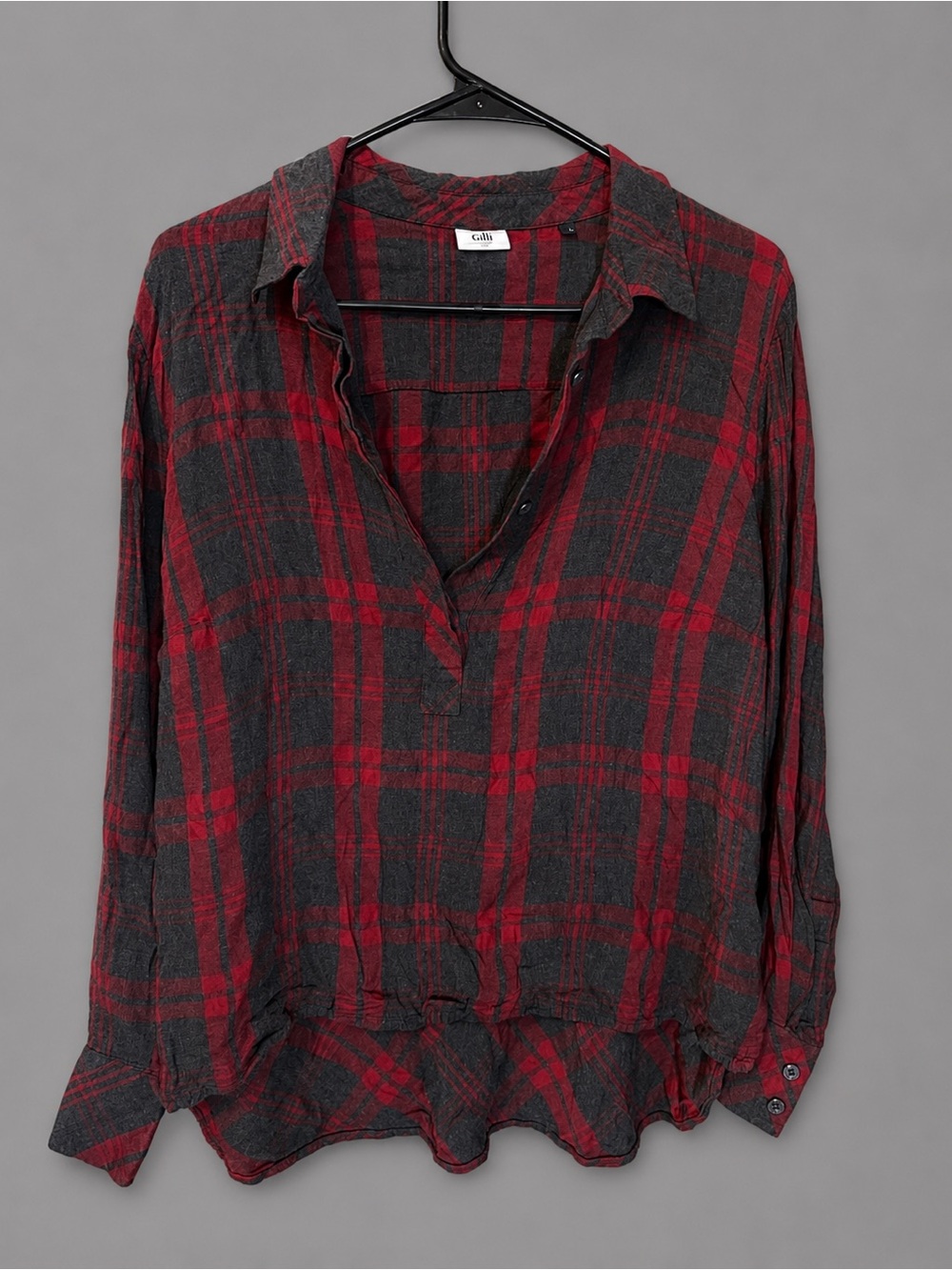 CAbi Red Gray Plaid Popover Blouse Size L